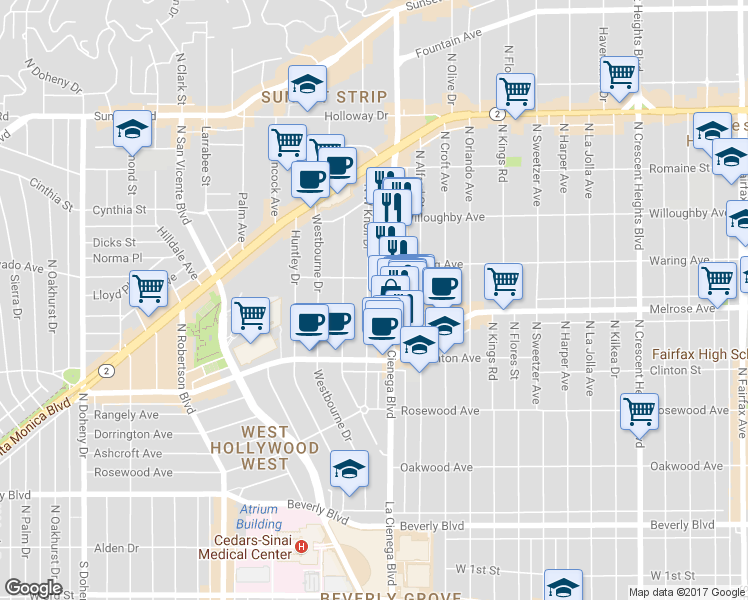 map of restaurants, bars, coffee shops, grocery stores, and more near 8510 Sherwood Drive in Los Angeles