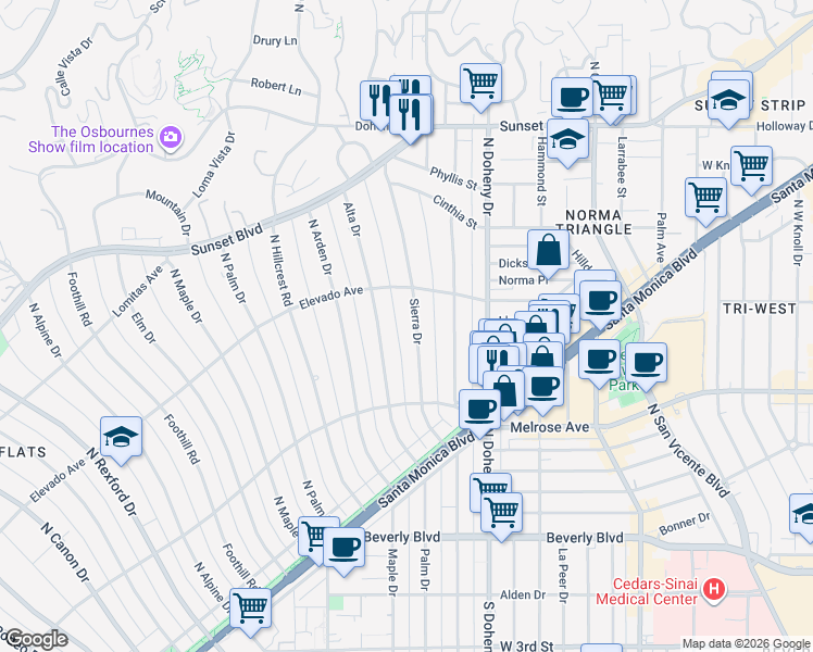 map of restaurants, bars, coffee shops, grocery stores, and more near 628 Alta Drive in Beverly Hills