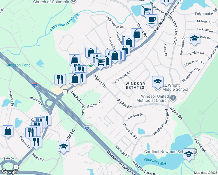 map of restaurants, bars, coffee shops, grocery stores, and more near 9409 South Chelsea Road in Columbia