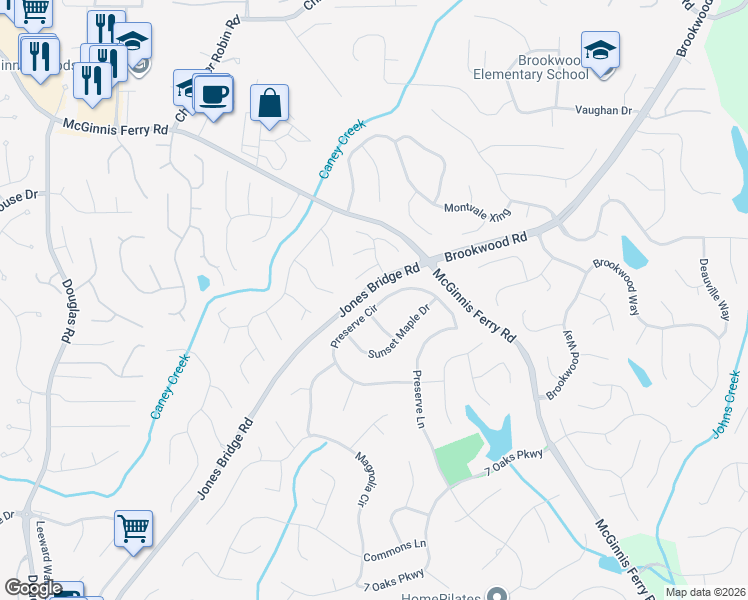 map of restaurants, bars, coffee shops, grocery stores, and more near 5545 Preserve Circle in Alpharetta