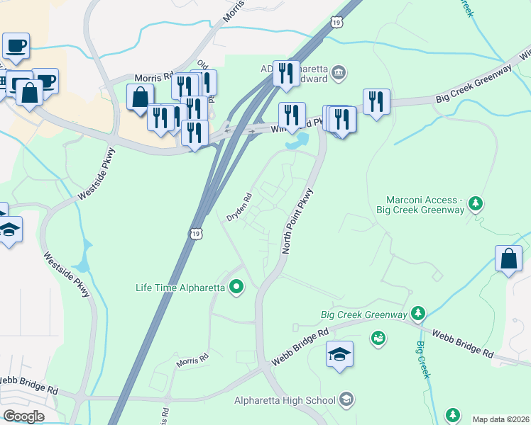 map of restaurants, bars, coffee shops, grocery stores, and more near 103 Caravelle Lane in Alpharetta