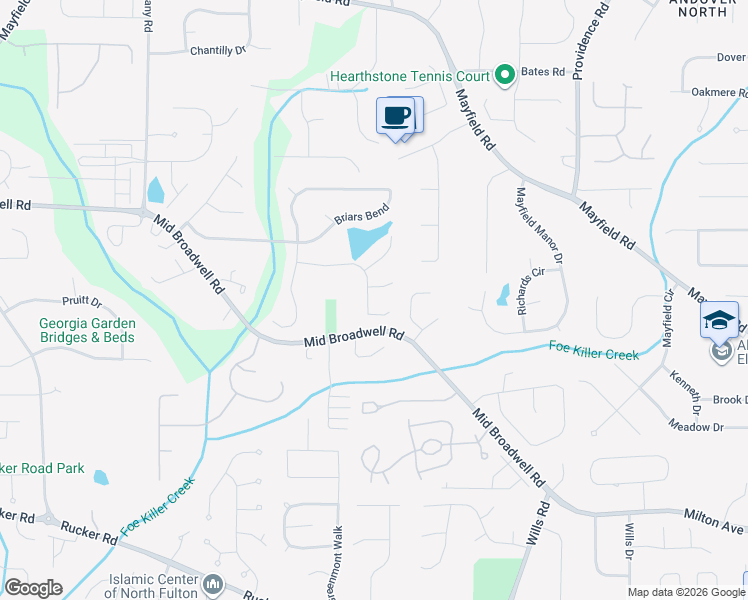 map of restaurants, bars, coffee shops, grocery stores, and more near 1610 Briers Chute in Alpharetta