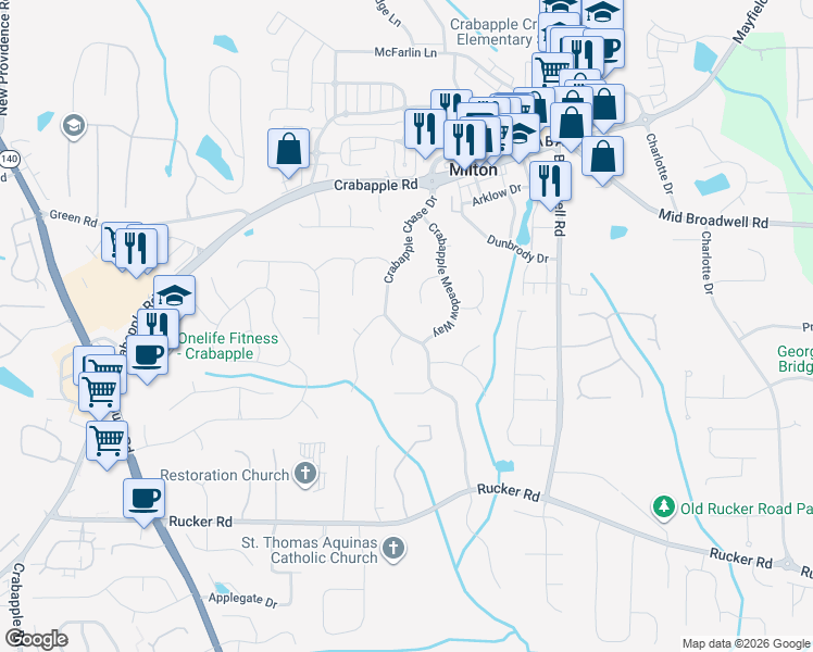 map of restaurants, bars, coffee shops, grocery stores, and more near 12425 Crabapple Chase Drive in Alpharetta