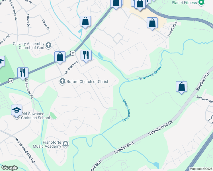 map of restaurants, bars, coffee shops, grocery stores, and more near 1265 Brynhill Court in Buford