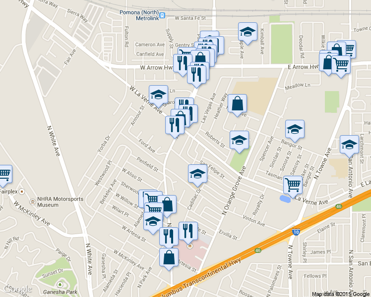 map of restaurants, bars, coffee shops, grocery stores, and more near 2049 Las Vegas Avenue in Pomona