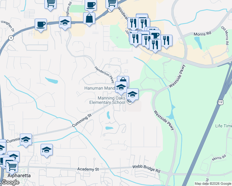 map of restaurants, bars, coffee shops, grocery stores, and more near 1716 Cotton Patch Lane in Alpharetta
