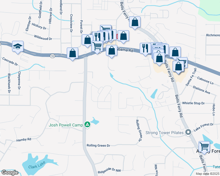 map of restaurants, bars, coffee shops, grocery stores, and more near 523 Sharlot Drive in Acworth
