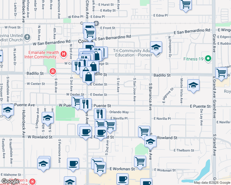 map of restaurants, bars, coffee shops, grocery stores, and more near 271 East Dexter Street in Covina