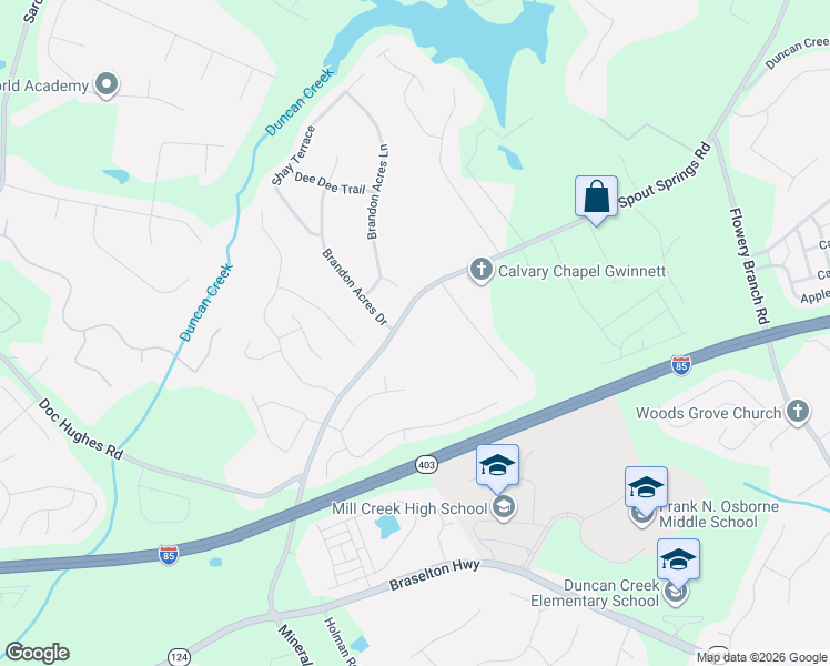 map of restaurants, bars, coffee shops, grocery stores, and more near 4635 Spout Springs Road in Buford