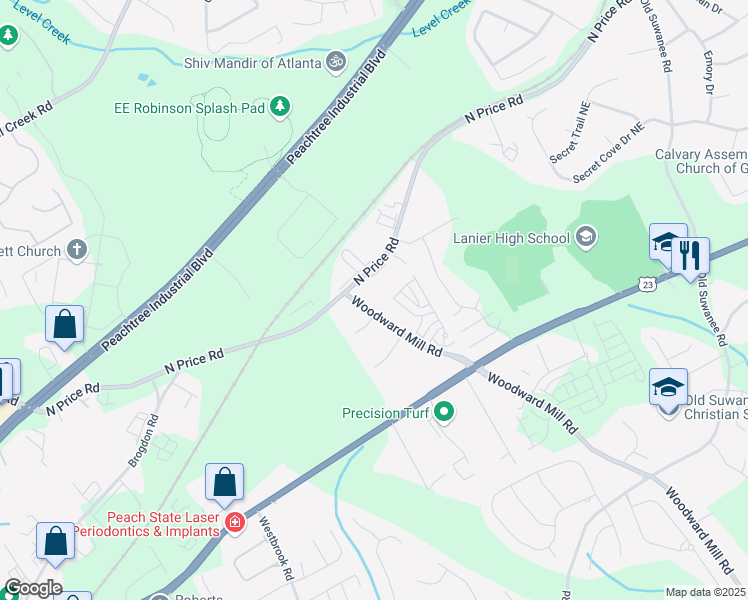 map of restaurants, bars, coffee shops, grocery stores, and more near 4449 Woodward Mill Rd in Sugar Hill