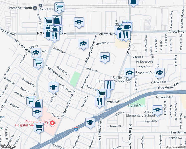 map of restaurants, bars, coffee shops, grocery stores, and more near 2183 Sinclair Street in Pomona