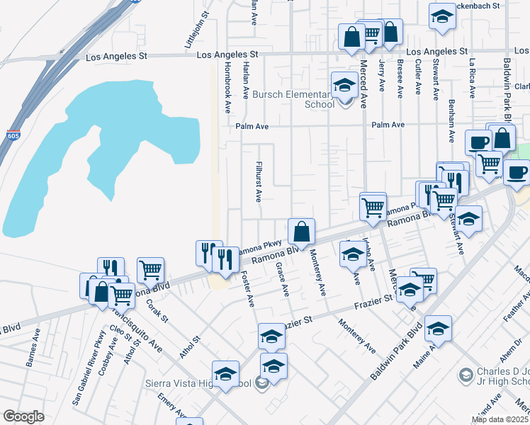 map of restaurants, bars, coffee shops, grocery stores, and more near 4008 Filhurst Avenue in Baldwin Park