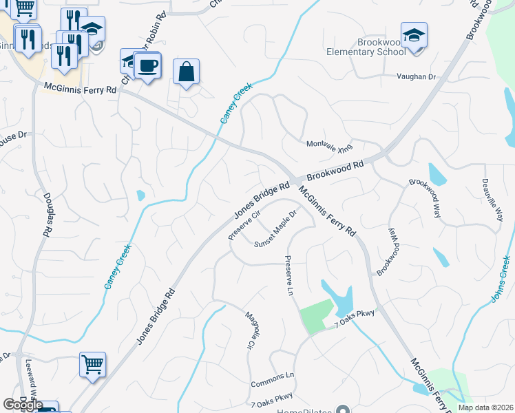 map of restaurants, bars, coffee shops, grocery stores, and more near 5545 Preserve Circle in Alpharetta