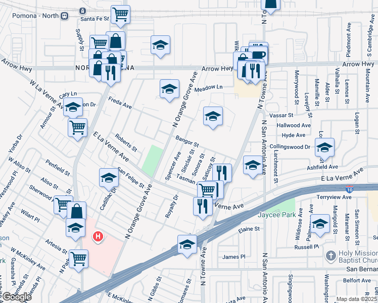 map of restaurants, bars, coffee shops, grocery stores, and more near 2183 Sinclair Street in Pomona