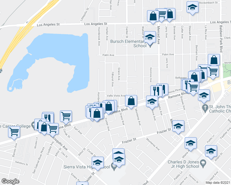 map of restaurants, bars, coffee shops, grocery stores, and more near 4008 Filhurst Avenue in Baldwin Park