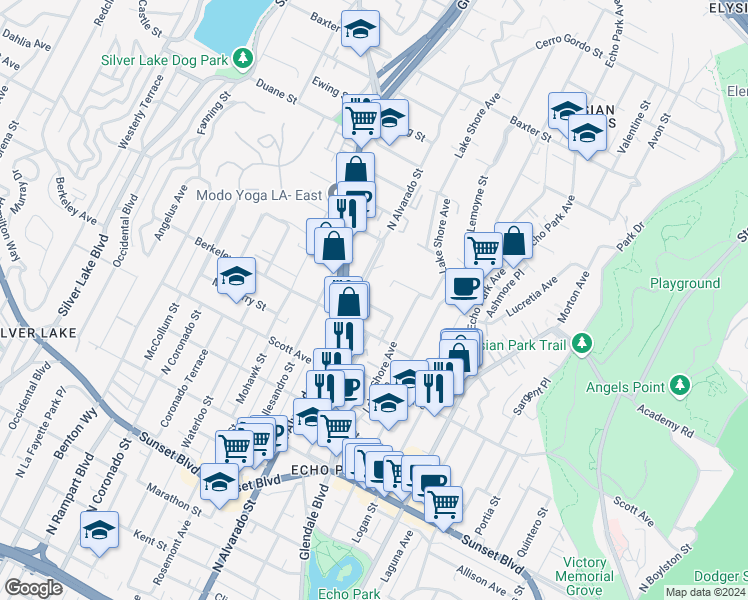 map of restaurants, bars, coffee shops, grocery stores, and more near 1947 Delta Street in Los Angeles