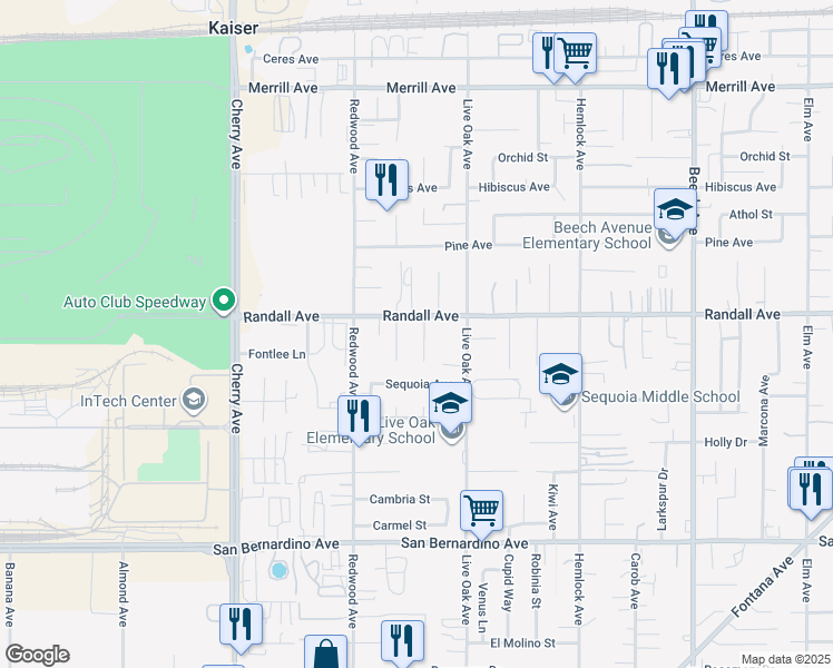map of restaurants, bars, coffee shops, grocery stores, and more near 9326 Bunny Lane in Fontana