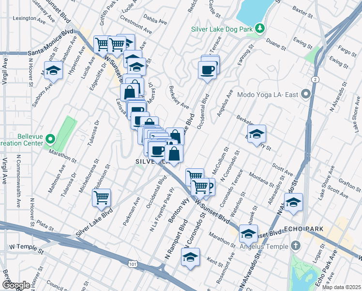 map of restaurants, bars, coffee shops, grocery stores, and more near 1340 Silver Lake Boulevard in Los Angeles