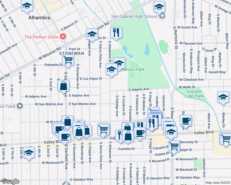 map of restaurants, bars, coffee shops, grocery stores, and more near 1001 South Hidalgo Avenue in Alhambra
