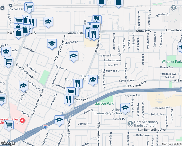 map of restaurants, bars, coffee shops, grocery stores, and more near 2288 North Towne Avenue in Pomona