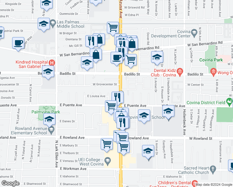 map of restaurants, bars, coffee shops, grocery stores, and more near 731 North Azusa Avenue in West Covina