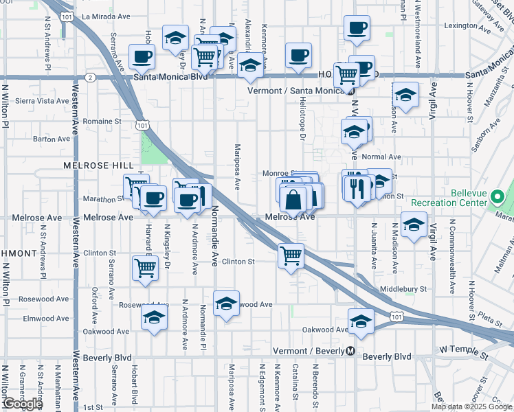 map of restaurants, bars, coffee shops, grocery stores, and more near Marathon Street in Los Angeles