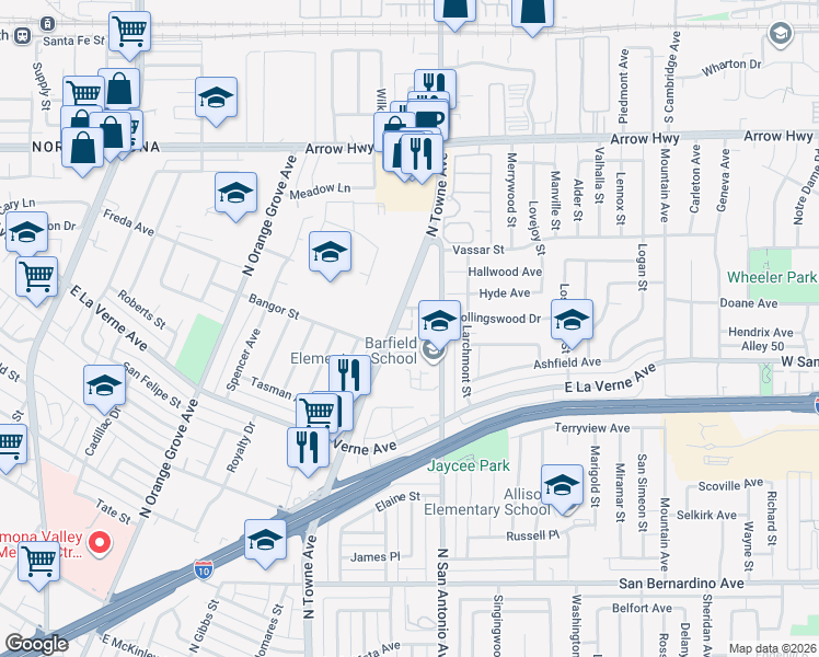 map of restaurants, bars, coffee shops, grocery stores, and more near 2260 North Towne Avenue in Pomona