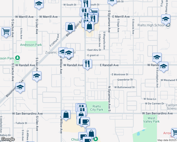 map of restaurants, bars, coffee shops, grocery stores, and more near 925 South Riverside Avenue in Rialto