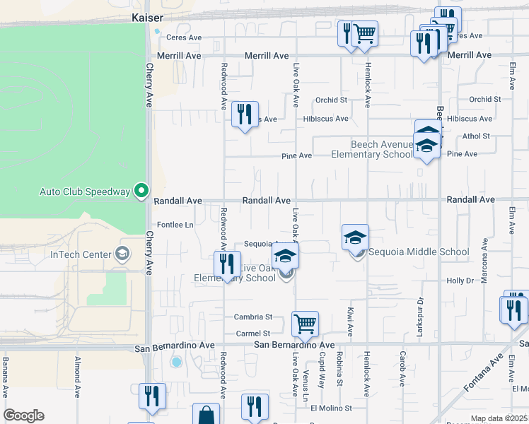 map of restaurants, bars, coffee shops, grocery stores, and more near 9326 Bunny Lane in Fontana