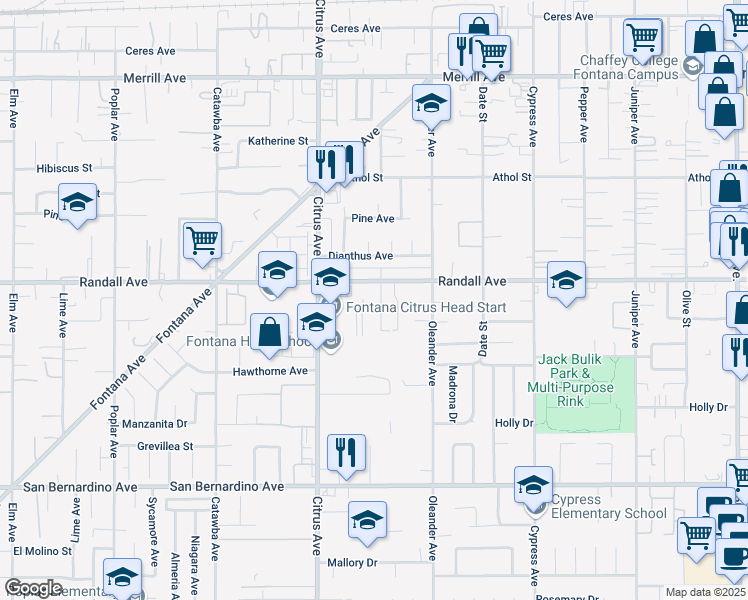 map of restaurants, bars, coffee shops, grocery stores, and more near 16195 Randall Avenue in Fontana