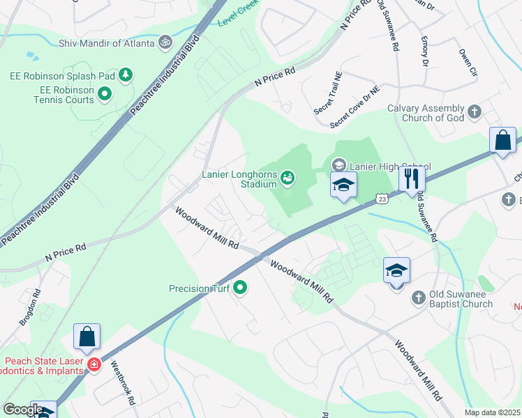 map of restaurants, bars, coffee shops, grocery stores, and more near 996 Layton Drive in Buford