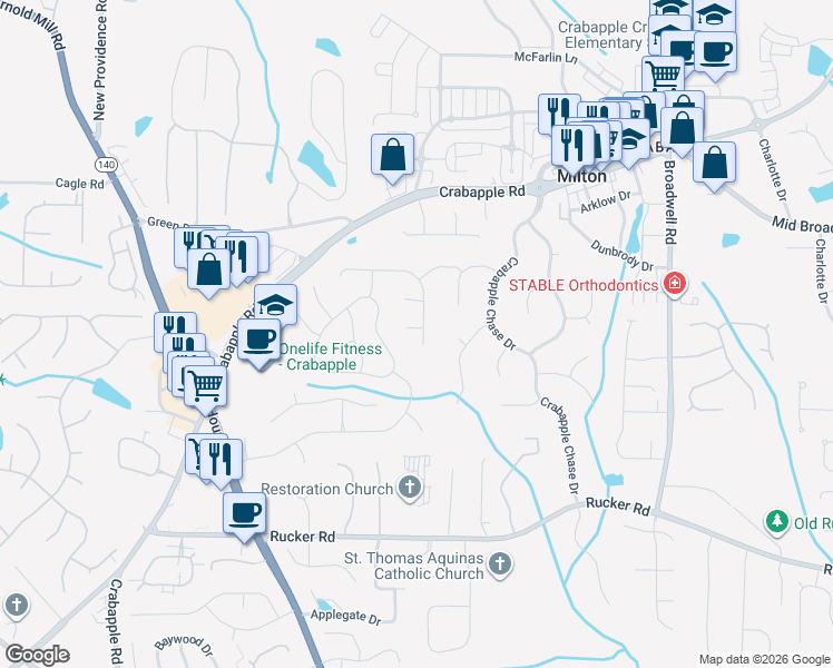 map of restaurants, bars, coffee shops, grocery stores, and more near 425 Singletree Trce in Alpharetta
