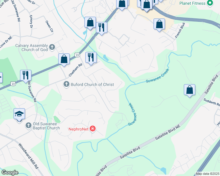 map of restaurants, bars, coffee shops, grocery stores, and more near 1265 Brynhill Court in Buford