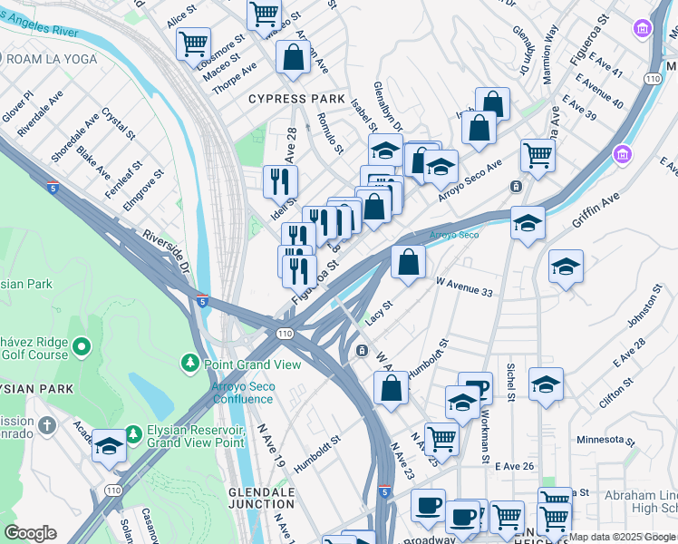 map of restaurants, bars, coffee shops, grocery stores, and more near 2640 North Figueroa Street in Los Angeles