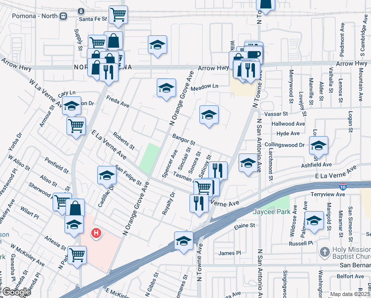 map of restaurants, bars, coffee shops, grocery stores, and more near 2183 Sinclair Street in Pomona