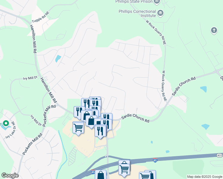 map of restaurants, bars, coffee shops, grocery stores, and more near 2794 Sardis Drive in Buford