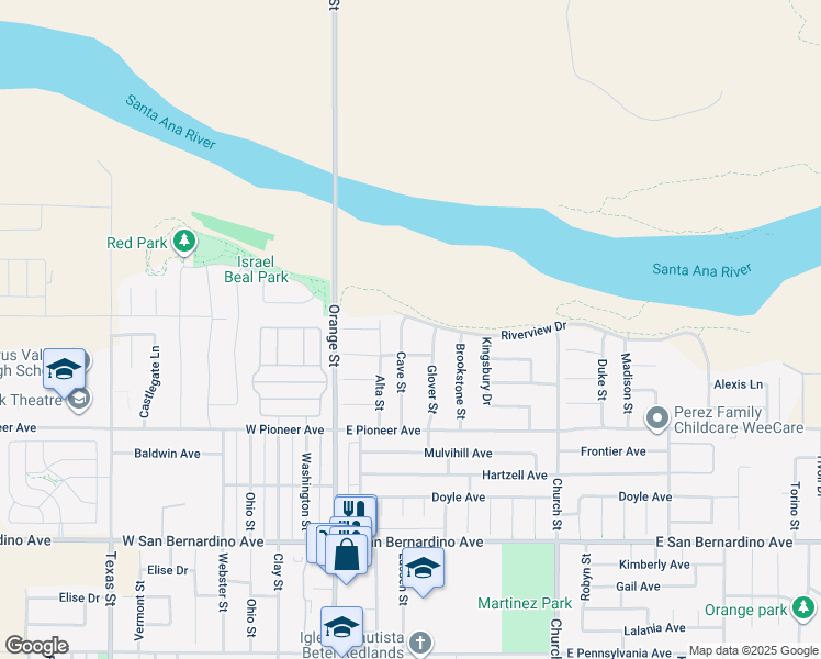 map of restaurants, bars, coffee shops, grocery stores, and more near 1952 Cave Street in Redlands
