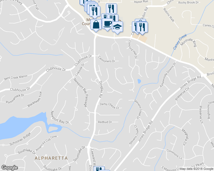 map of restaurants, bars, coffee shops, grocery stores, and more near 12516 Huntington Trace Lane in Alpharetta