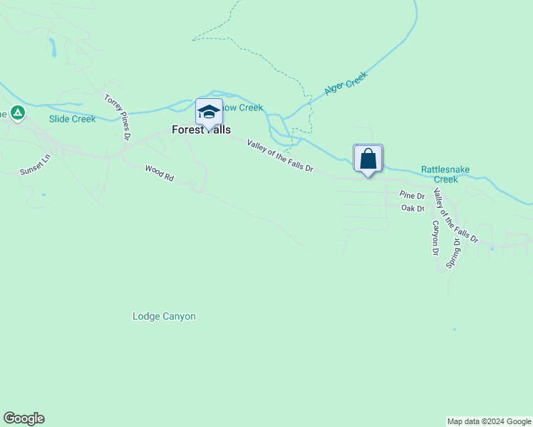 map of restaurants, bars, coffee shops, grocery stores, and more near 9339 Wood Road in Forest Falls