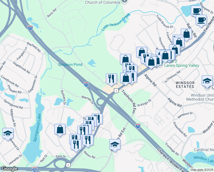 map of restaurants, bars, coffee shops, grocery stores, and more near 1532 Legrand Road in Columbia