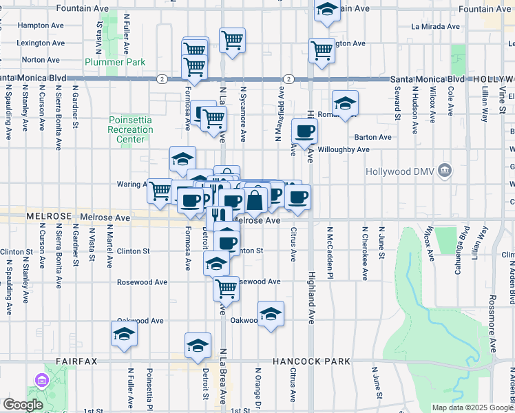 map of restaurants, bars, coffee shops, grocery stores, and more near 732 North Sycamore Avenue in Los Angeles