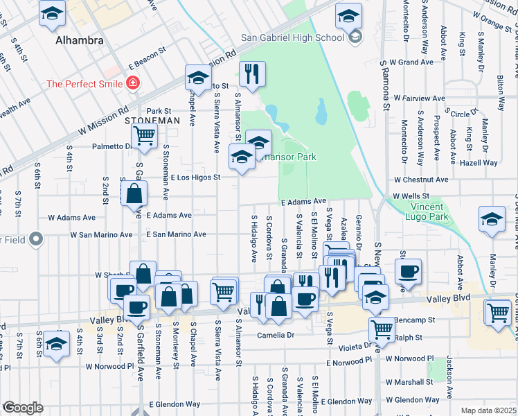 map of restaurants, bars, coffee shops, grocery stores, and more near 1001 South Hidalgo Avenue in Alhambra