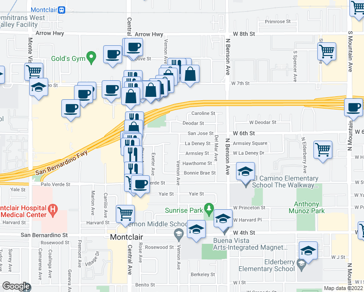 map of restaurants, bars, coffee shops, grocery stores, and more near 5515 La Deney Street in Montclair