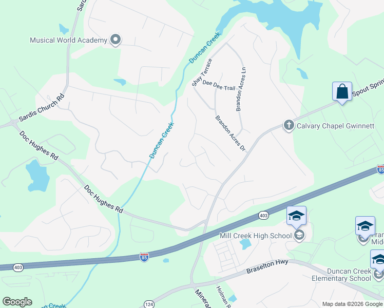 map of restaurants, bars, coffee shops, grocery stores, and more near 2318 Well Springs Drive in Buford