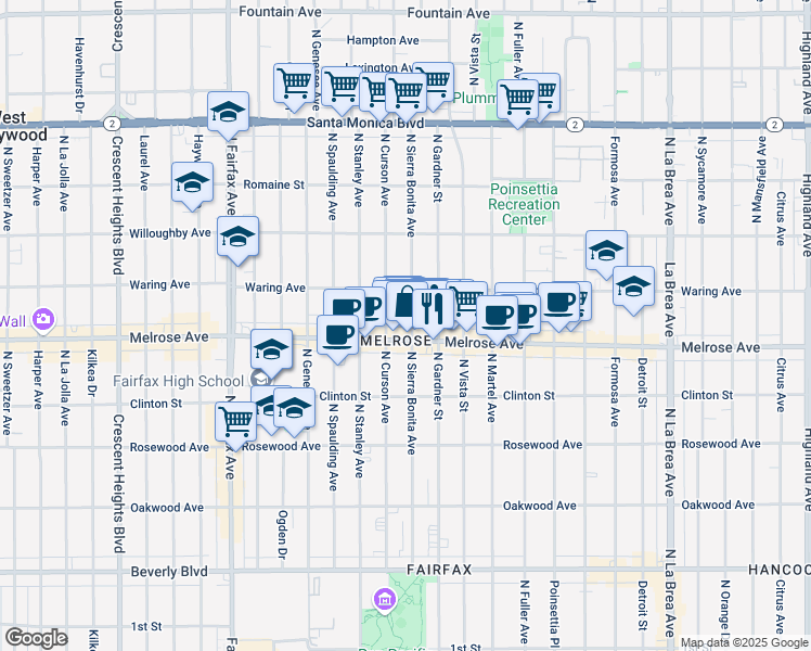 map of restaurants, bars, coffee shops, grocery stores, and more near 713 North Sierra Bonita Avenue in Los Angeles