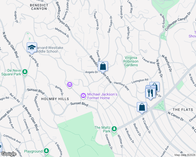 map of restaurants, bars, coffee shops, grocery stores, and more near 1717 Chevy Chase Drive in Beverly Hills
