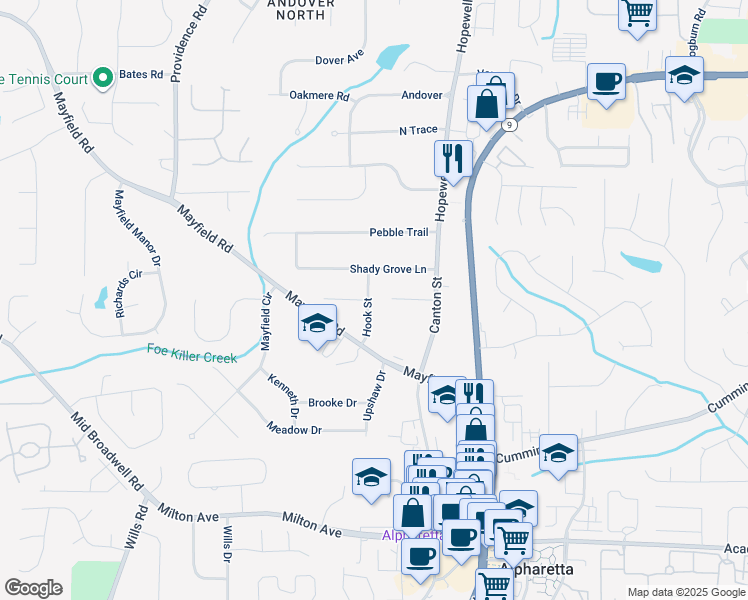 map of restaurants, bars, coffee shops, grocery stores, and more near 315 Hook Street in Alpharetta
