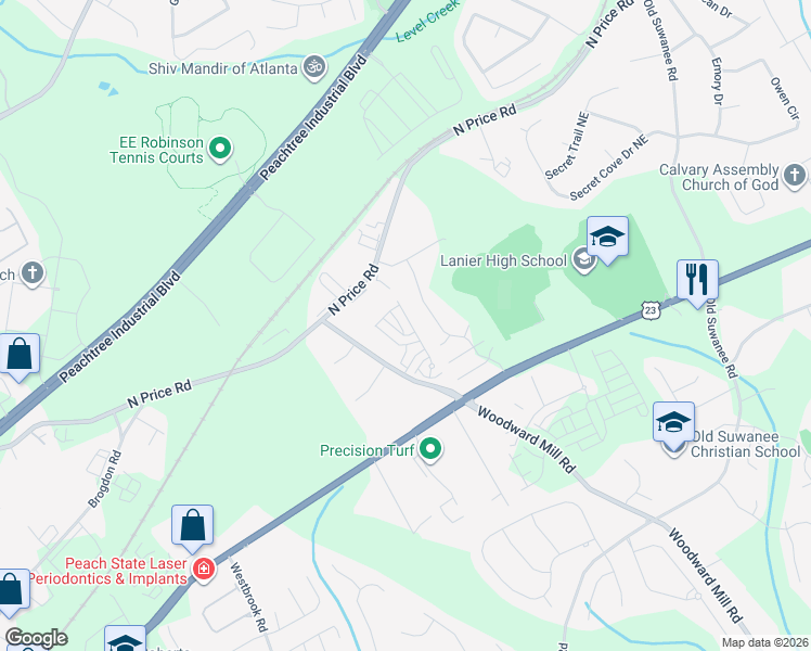 map of restaurants, bars, coffee shops, grocery stores, and more near 4399 Woodward Mill Road in Sugar Hill