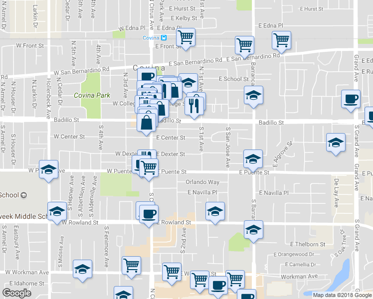 map of restaurants, bars, coffee shops, grocery stores, and more near Dexter Street in Covina