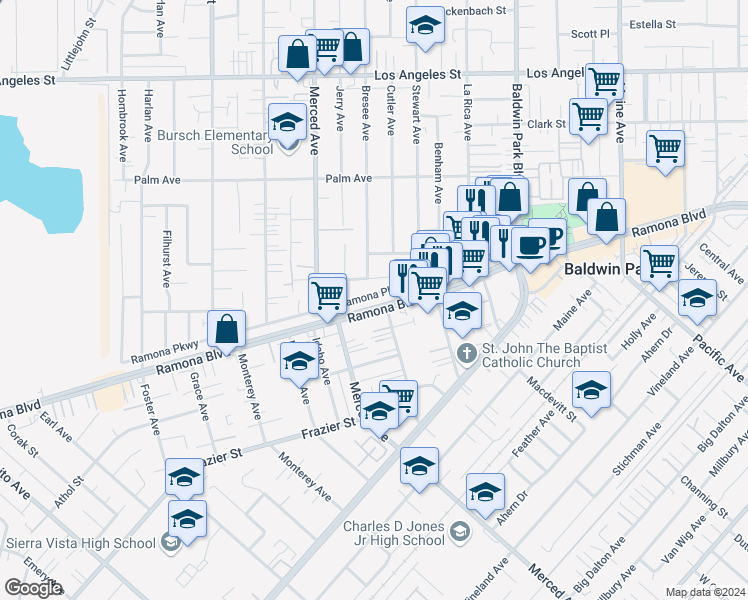 map of restaurants, bars, coffee shops, grocery stores, and more near 13846 Ramona Parkway in Baldwin Park